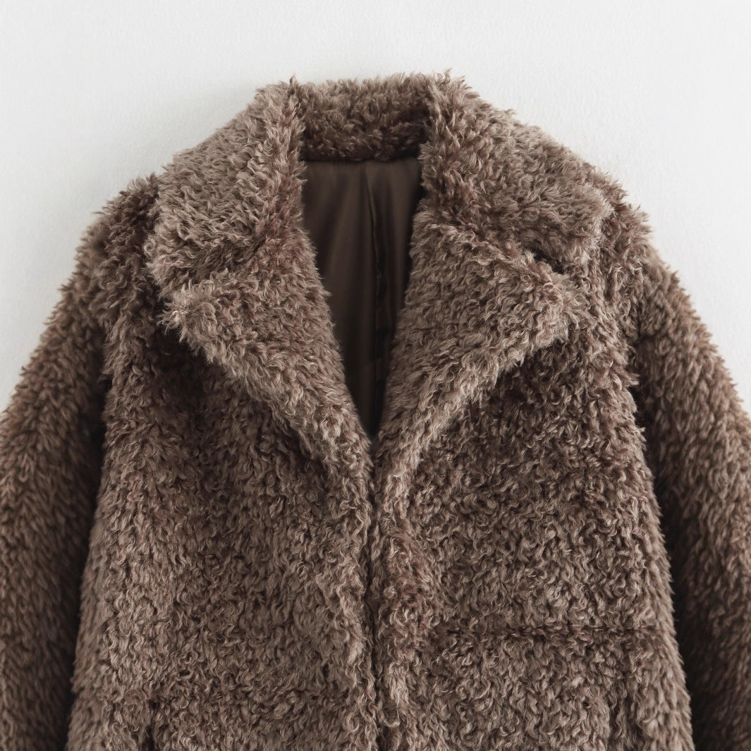 Damen kuschelige Fleecejacke mit elegantem Revers EB