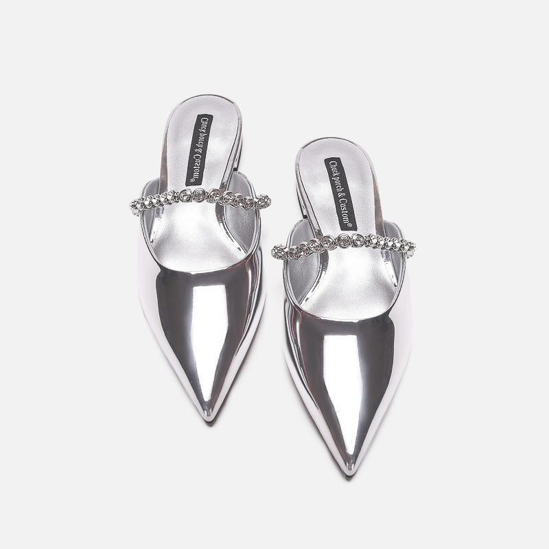 Damen elegante Pantoletten mit glitzerndem Riemen und spitz zulaufender Form EB