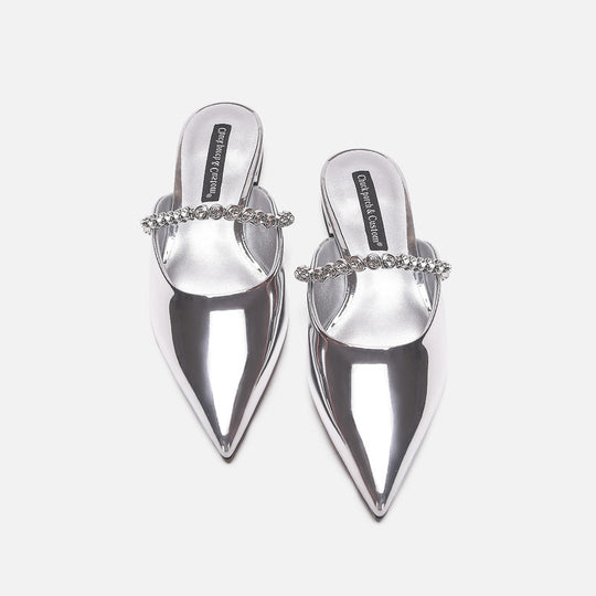 Damen elegante Pantoletten mit glitzerndem Riemen und spitz zulaufender Form EB