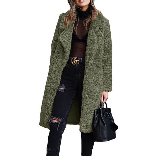 Damen kuscheliger Teddy-Mantel mit elegantem Revers und praktischen Taschen EB