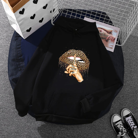 Damen nan oversized Fleece-Hoodie mit Leoparden-Lippen-Motiv, Kängurutasche und gerippten Bündchen EB
