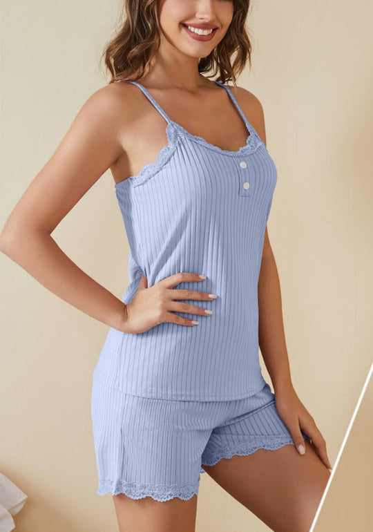 Damen Schlafset mit Spitzenbesatz aus Rippstoff EB