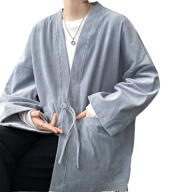 Herren nan oversized Cord-Kimono-Cardigan mit Kordelzug, aufgesetzten Taschen und Tropfenärmeln EB