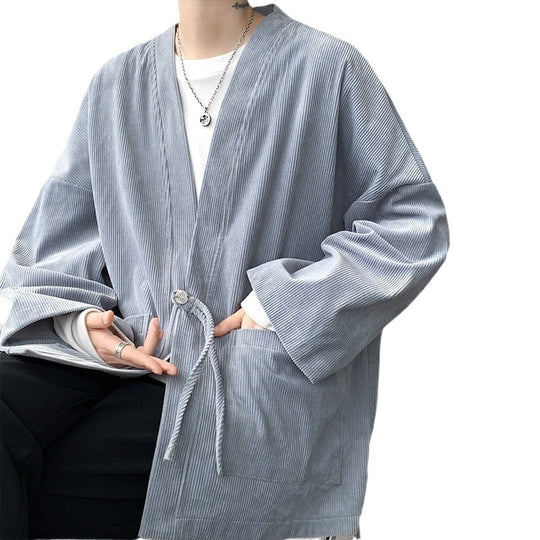 Herren nan oversized Cord-Kimono-Cardigan mit Kordelzug, aufgesetzten Taschen und Tropfenärmeln EB