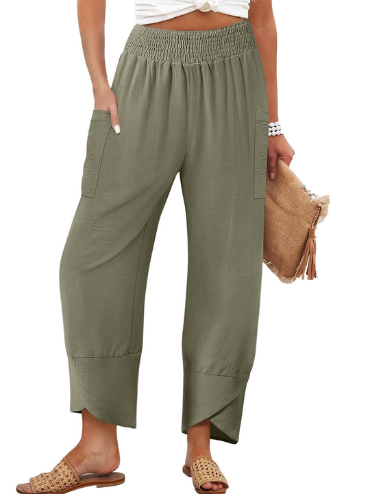 Damen Weite Sommerhose mit elastischem Bund und praktischen Taschen EB
