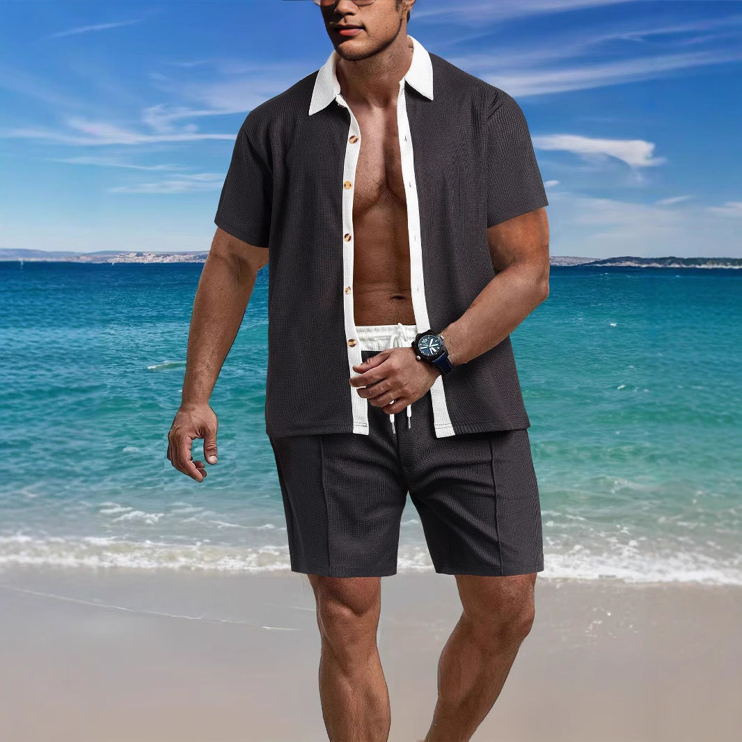 Herren nan modernes Freizeit-Set aus feinem Strukturjersey mit Hemdkragen-Knopfleiste und Kordel-Shorts EB