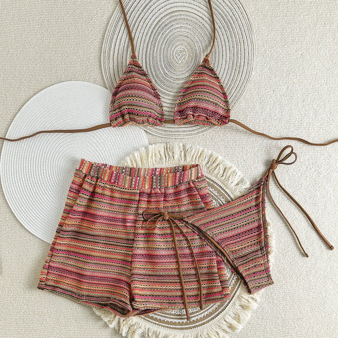 Damen Zweiteiliges Strand-Bikini-Set mit verspielt gestreiftem Oberteil und Shorts EB