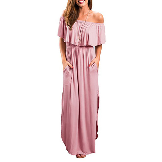 Damen Maxikleid mit schulterfreiem Design und Rüschendetail EB