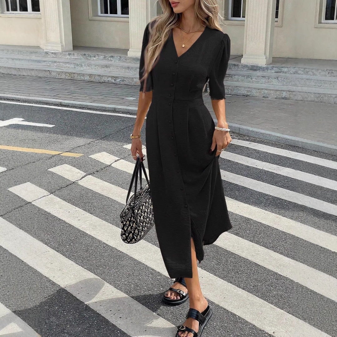 Damen Midi-Kleid mit Knopfdetails und femininen Puffärmeln EB