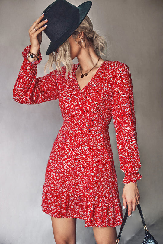 Damen Minikleid mit verspieltem floralem Muster und femininem V-Ausschnitt EB