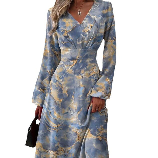 Damen Elegantes langärmliges Kleid mit raffiniertem V-Ausschnitt und floralem Muster EB