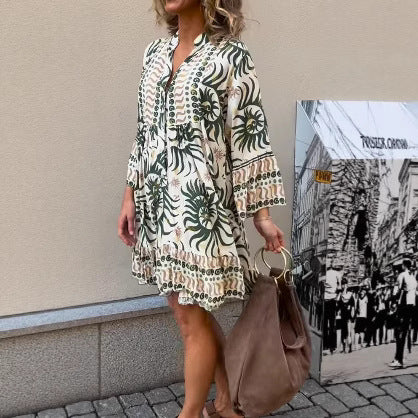 Damen nan locker geschnittenes Boho-Tunikakleid mit V-Ausschnitt geraffter Empire-Naht und Volant-Saum EB