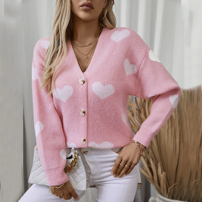 Damen modische Strickjacke mit Herzmotiven und Knöpfen EB