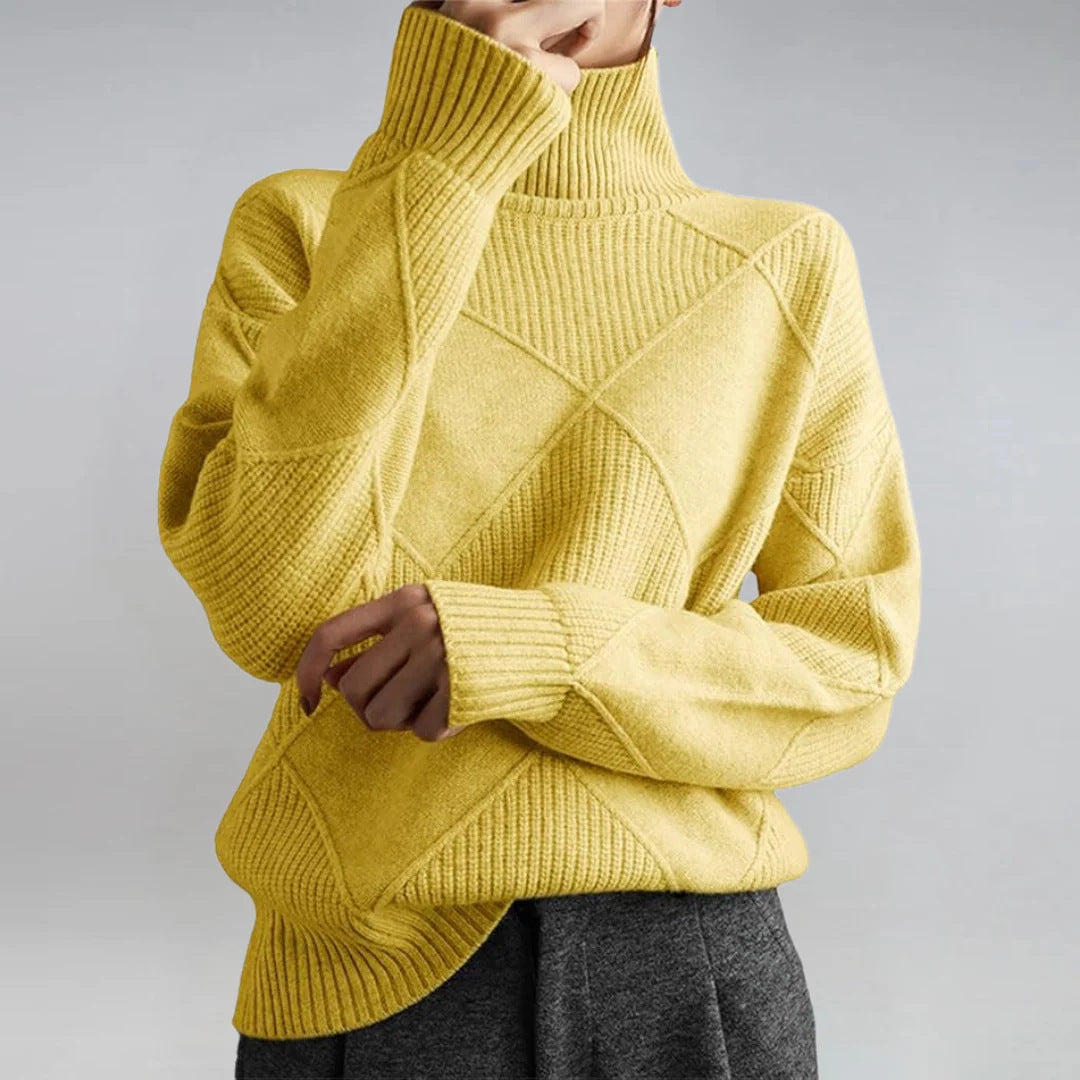 Damen nan weit geschnittener Strickpullover mit hohem Rollkragen und Rautenmuster EB