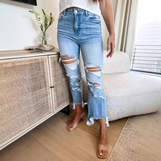 Damen Flared Jeans mit modischen Destroyed-Details und hoch geschnittenem Bund EB