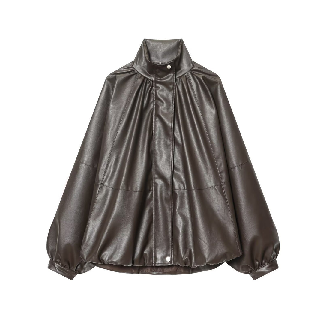 Damen Kunstlederjacke mit voluminösen Ärmeln und gewelltem Design EB