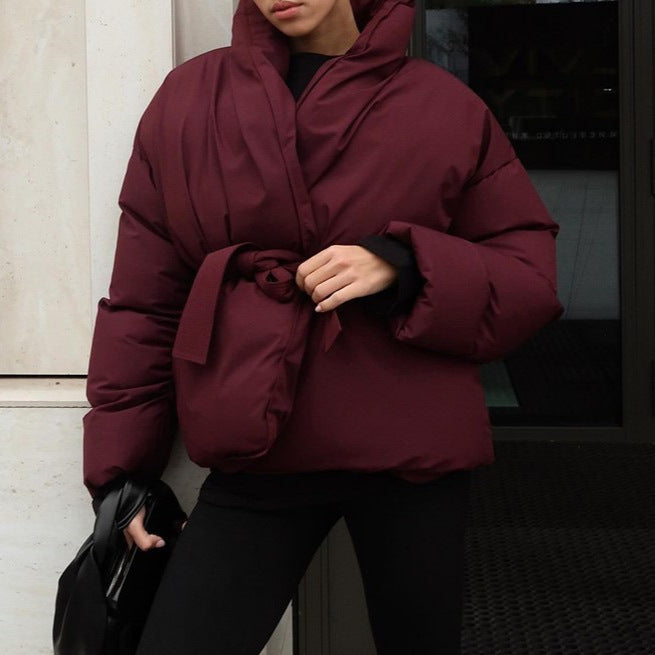 Damen Oversized Steppjacke mit Gürtel und hohem Kragen EB