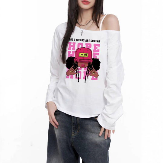 Damen nan lässiges Off-Shoulder Langarmshirt mit großflächigem Cartoon-Grafikprint und elastischem Baumwollmix EB