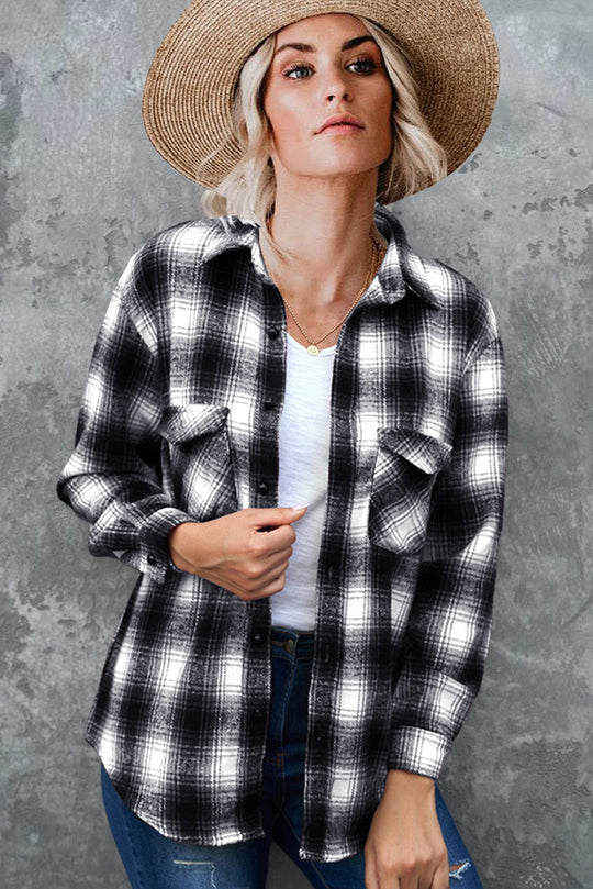 Damen Karierte Flanellbluse mit Brusttaschen und bequemer Passform EB