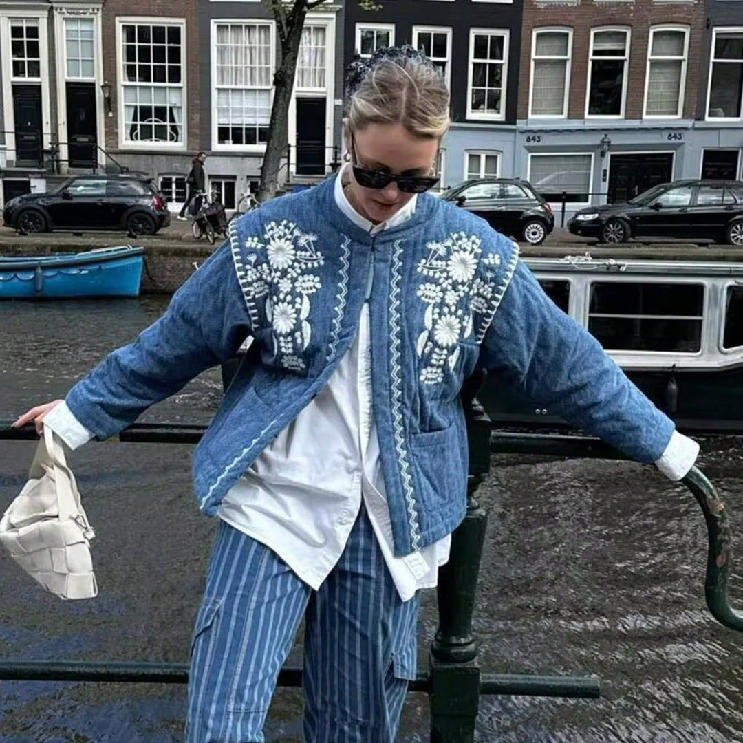 Damen bestickte Blousonjacke mit leichtem Baumwollmaterial und praktischen Taschen EB