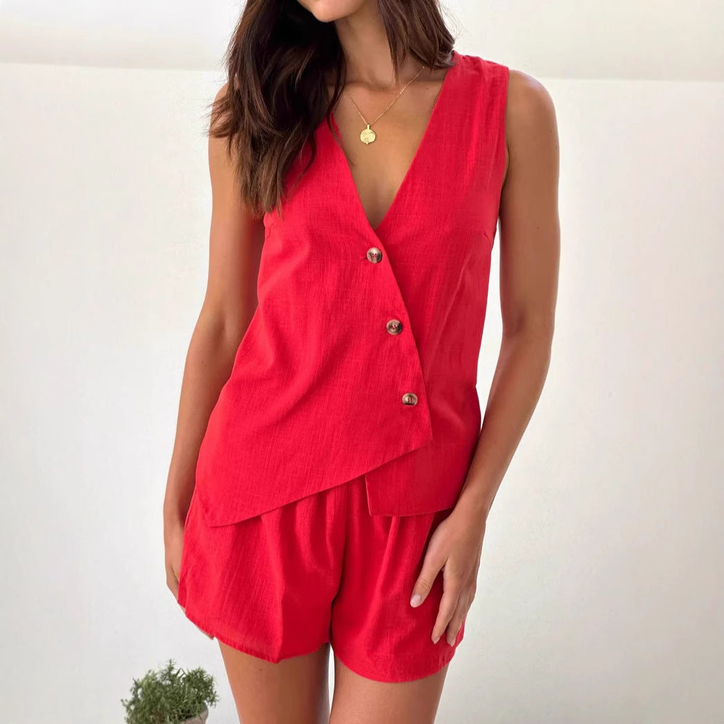 Damen lässiges Sommer-Outfit mit V-Ausschnitt und asymmetrischem Schnitt EB