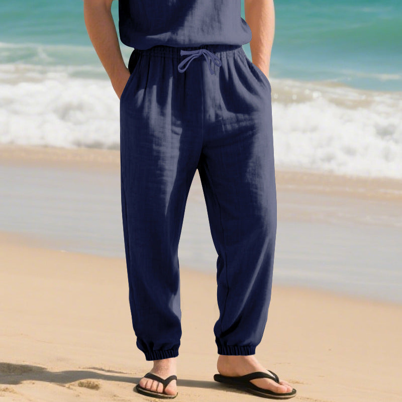 Herren nan leichte Leinenhose mit elastischem Tunnelzugbund, seitentaschen und gesmokten Bündchen EB