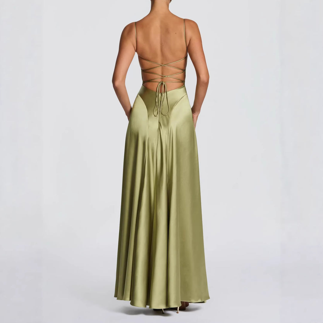 Damen Elegantes Maxi-Kleid mit fließendem Satin und verführerischem Spaghettiträger EB