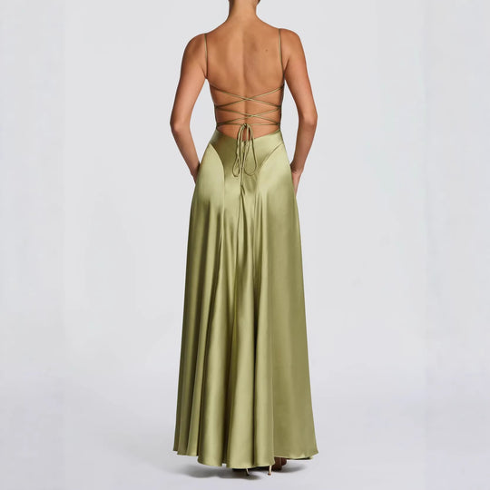 Damen Elegantes Maxi-Kleid mit fließendem Satin und verführerischem Spaghettiträger EB