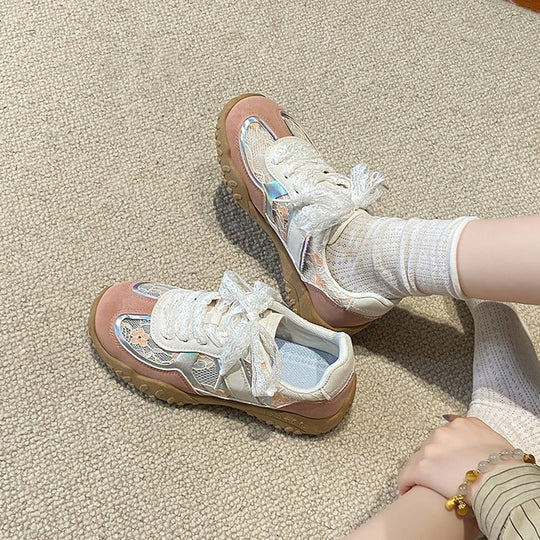 Damen modische Sneakers mit eleganter Spitze und transparenter Schnürung EB