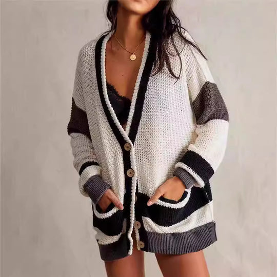 Damen lässiger Strickcardigan mit großen Taschen und stilvollen Kontraststreifen EB
