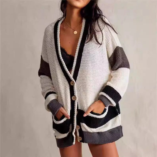 Damen lässiger Strickcardigan mit großen Taschen und stilvollen Kontraststreifen EB