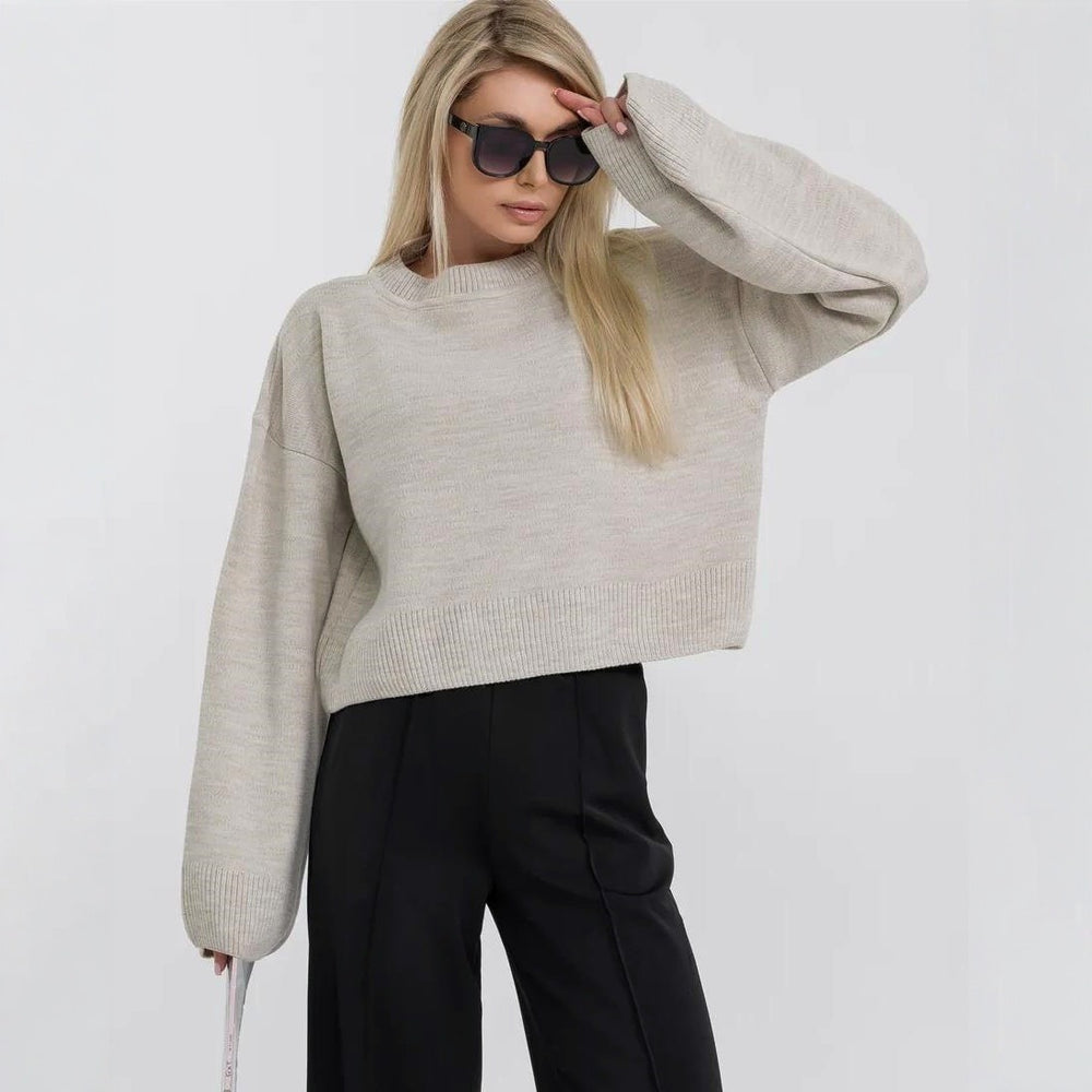 Damen cropped Strickpullover mit voluminösen Ärmeln und Rundhalsausschnitt EB