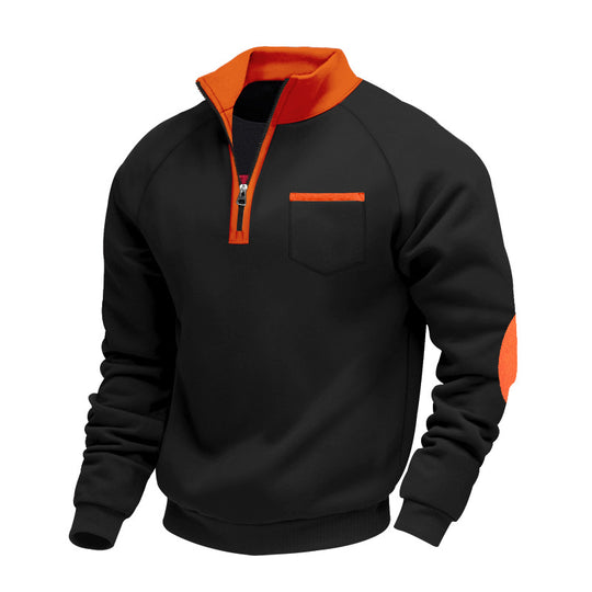 Herren Raglan-Halbzip-Sweatshirt mit Stehkragen, Brusttasche & Ellbogenapplikation EB