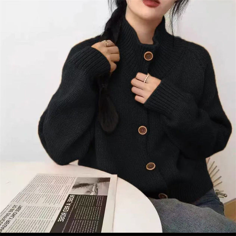 Damen kuscheliger Hochkragen-Cardigan mit Knopfdetails EB