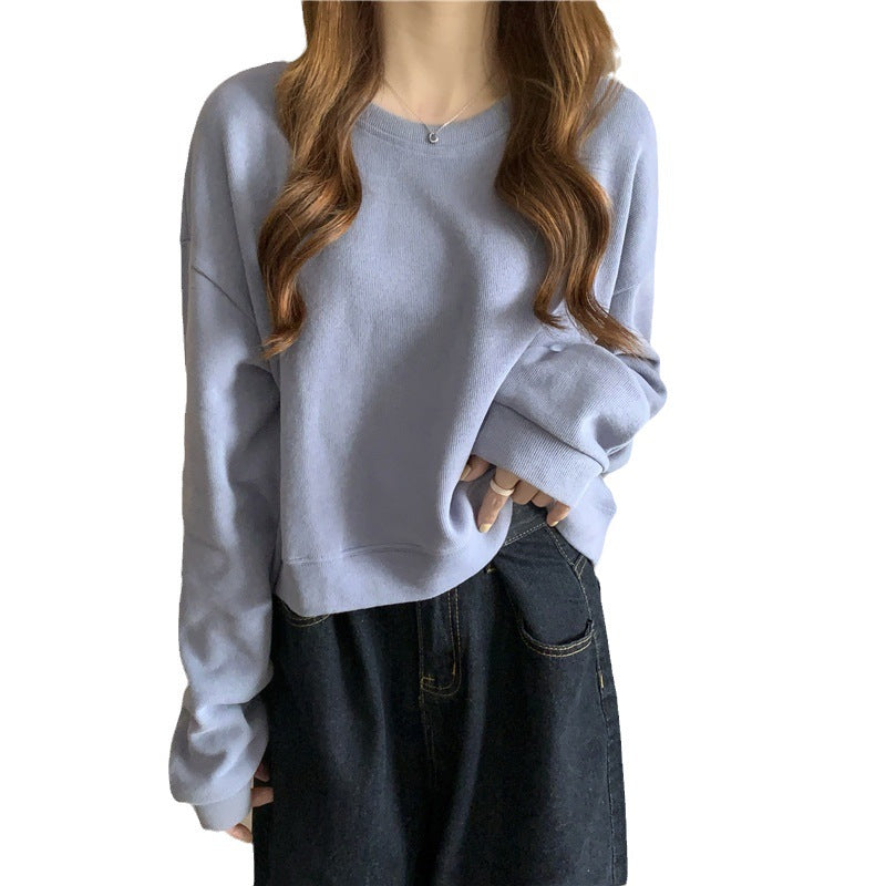Damen lässiger cropped Pullover aus weichem Baumwollmix mit modischem Rundhalsausschnitt EB