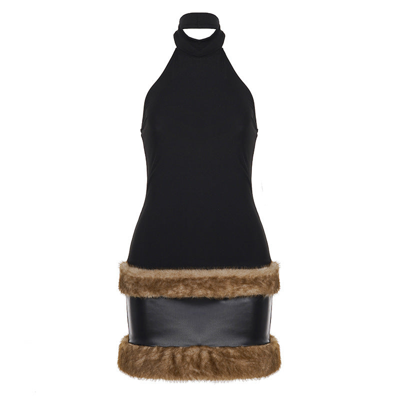 Damen modisches Halterkleid mit luxuriösem Kunstfellsaum EB