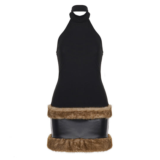 Damen modisches Halterkleid mit luxuriösem Kunstfellsaum EB
