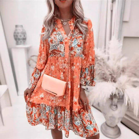 Damen nan florales Boho-Kleid mit V-Ausschnitt und Stufenrock EB