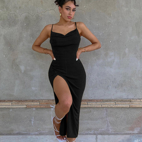 Damen Maxikleid mit tiefem Wasserfalldekolleté und hohem Schlitz EB