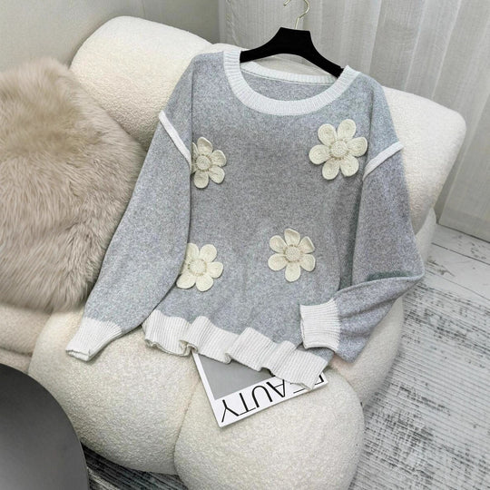 Damen Strickpullover mit floralen Applikationen EB