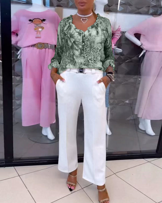 Damen nan leichte Satinbluse mit Animal- und Floralprint, Rüschenkragen, V-Ausschnitt und Manschettenärmeln EB