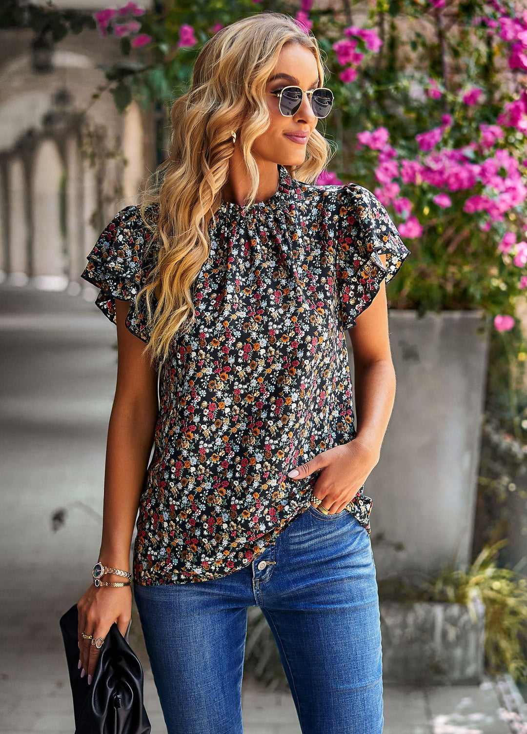 Damen Bluse mit floralem Design und Rüschendetails EB