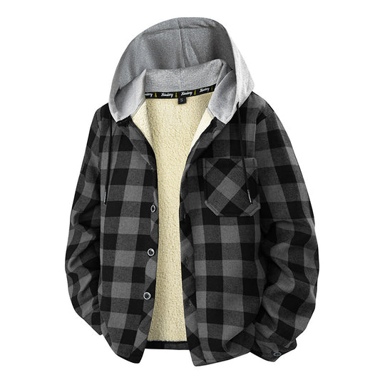 Herren kariertes Sherpa-gefüttertes Overshirt mit Kapuze, Brusttasche und Druckknopfverschluss EB