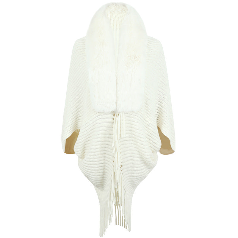 Damen luxuriöser Strickponcho mit elegantem Kunstfellkragen und Fransen EB