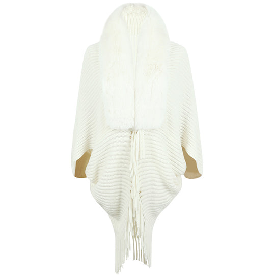 Damen luxuriöser Strickponcho mit elegantem Kunstfellkragen und Fransen EB