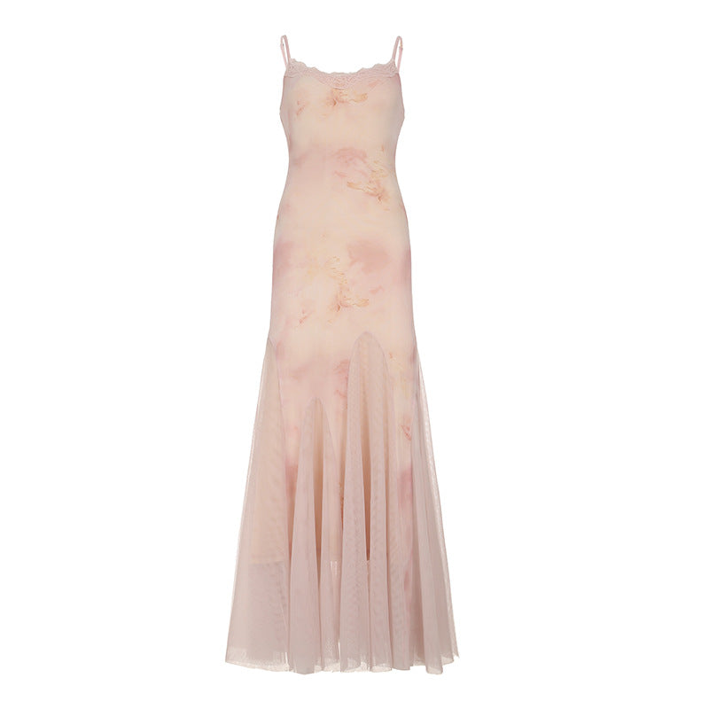 Damen elegantes Maxikleid aus transparenter Spitze und floralem Design EB