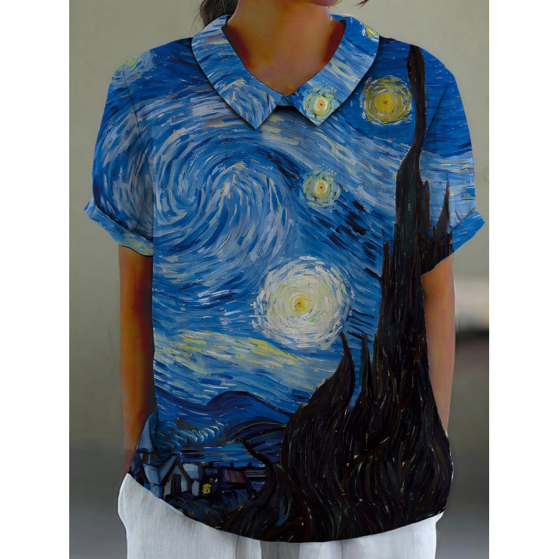 Damen Kurzarmbluse mit floralen Akzenten und klassischem Kragen EB