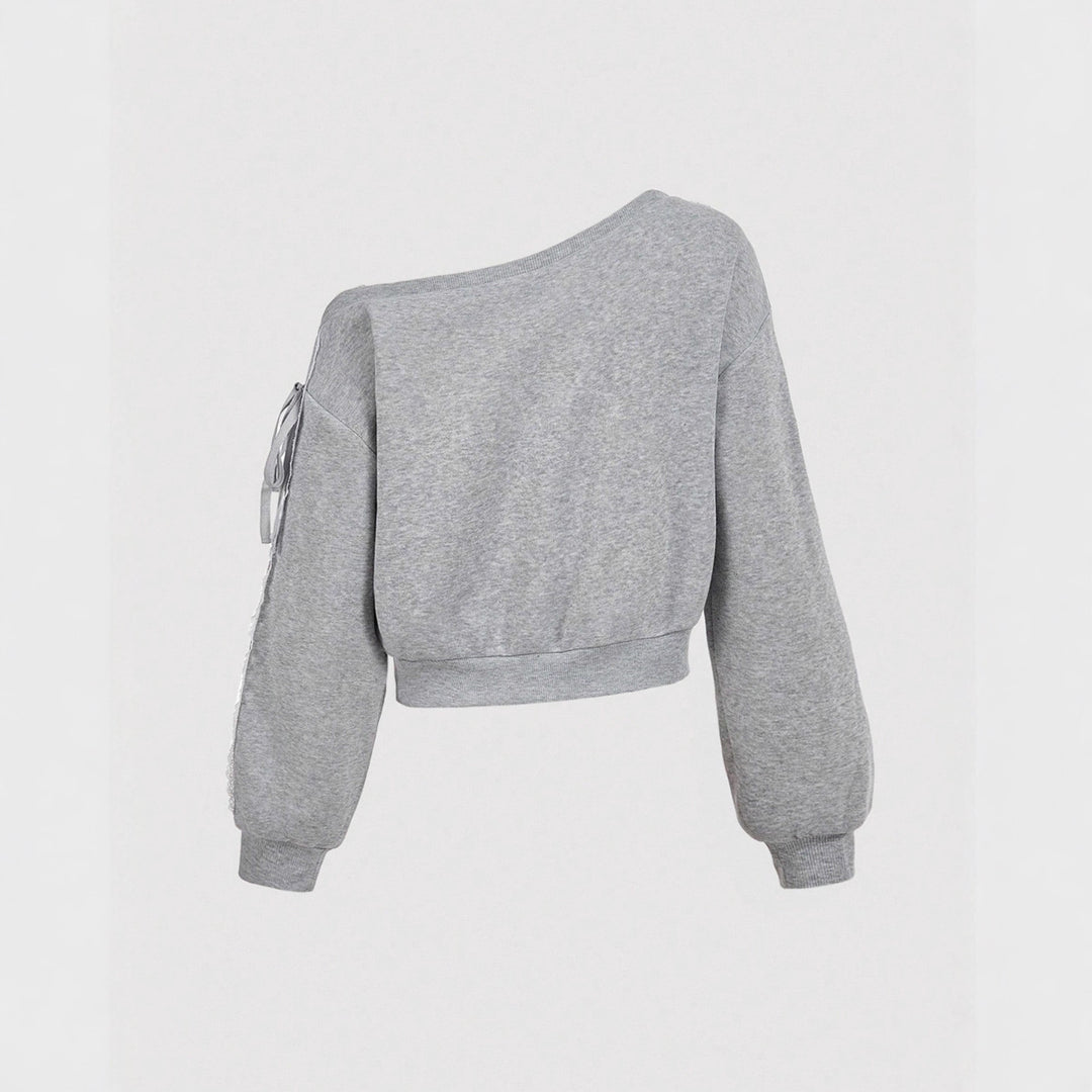 Damen Kurzgeschnittenes One-Shoulder Sweatshirt mit Ballonärmeln und Schnürdetail EB