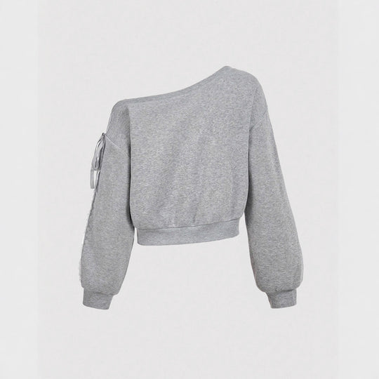 Damen Kurzgeschnittenes One-Shoulder Sweatshirt mit Ballonärmeln und Schnürdetail EB