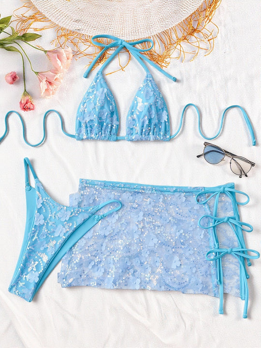 Damen Blumenmuster Triangel-Bikini mit transparentem Überrock EB